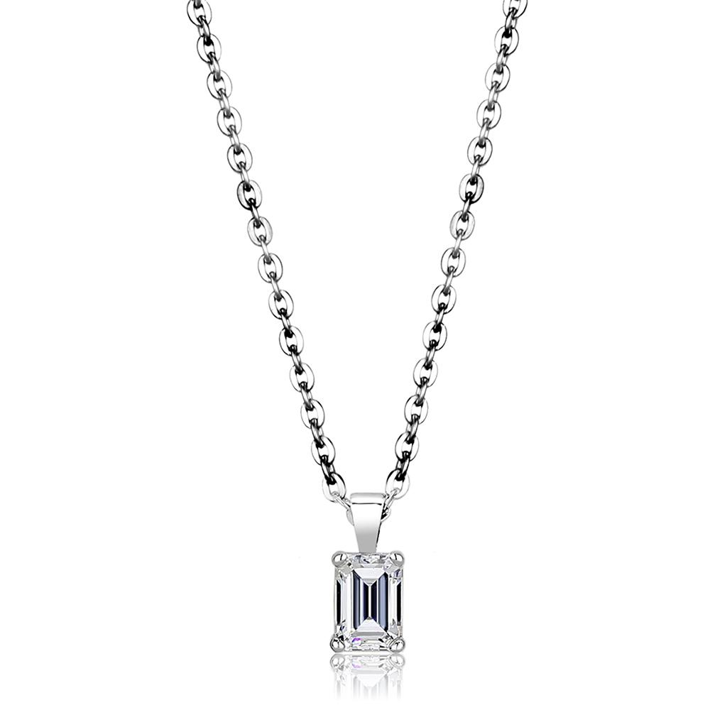 LO4127 Rhodium Brass Chain Pendant featuring a clear AAA Grade CZ stone, showcasing its elegant design and luxurious finish.