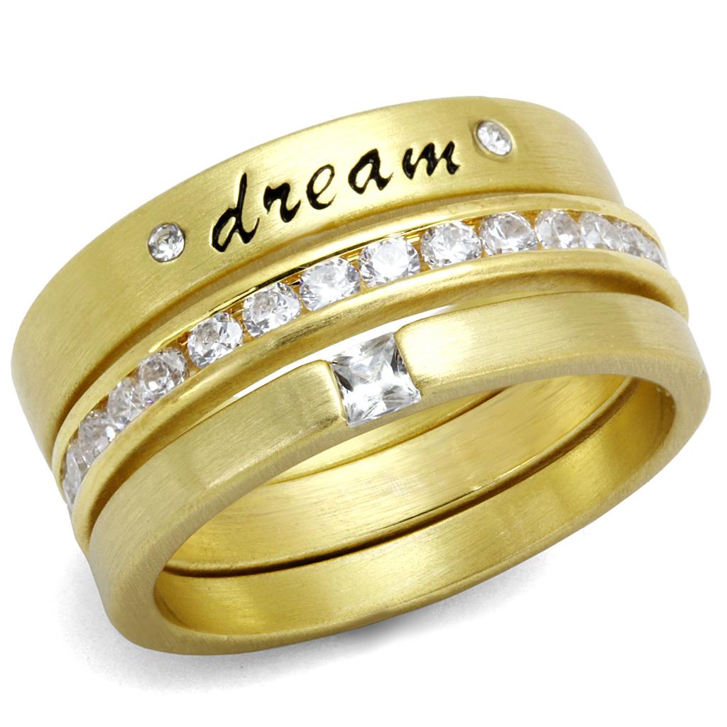 LO4114 Gold Brass Ring featuring a clear AAA Grade CZ stone, showcasing its elegant design and luxurious finish.