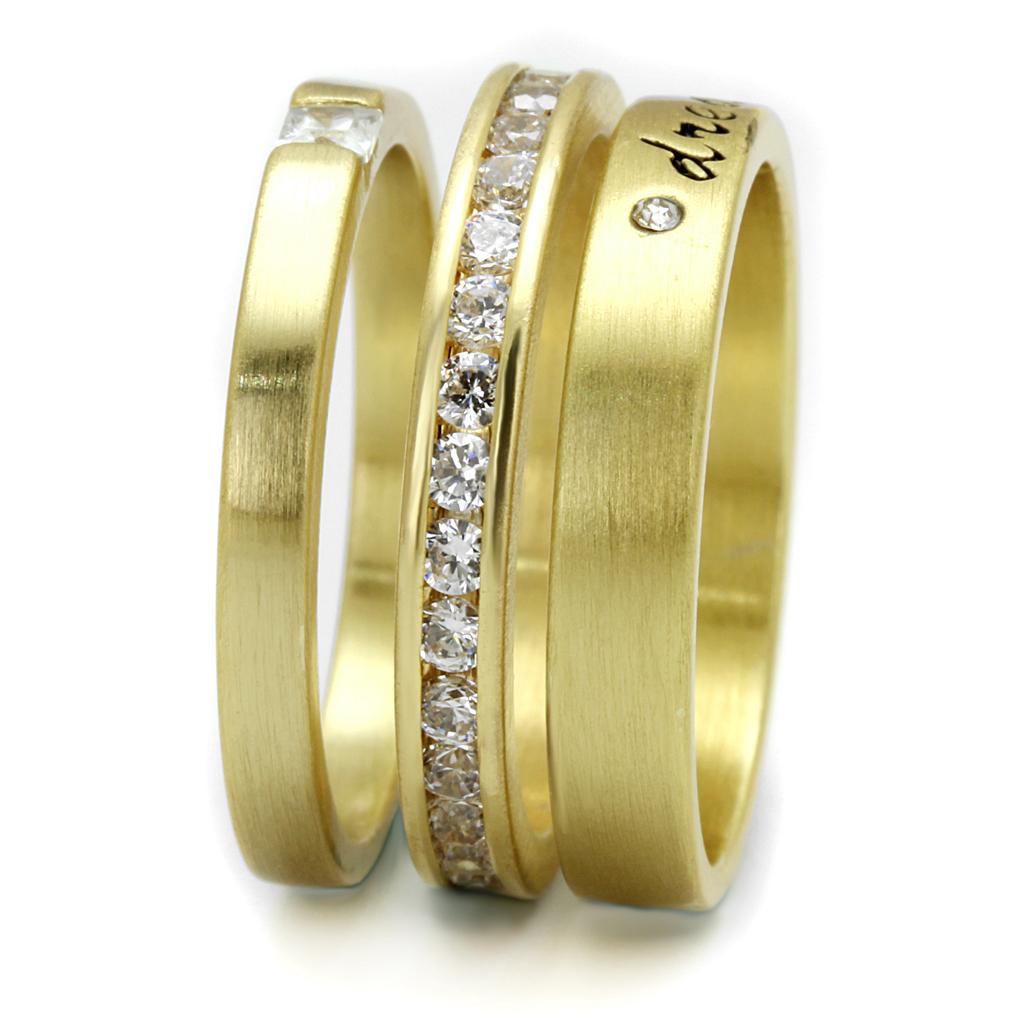 LO4114 Gold Brass Ring featuring a clear AAA Grade CZ stone, showcasing its elegant design and luxurious finish.