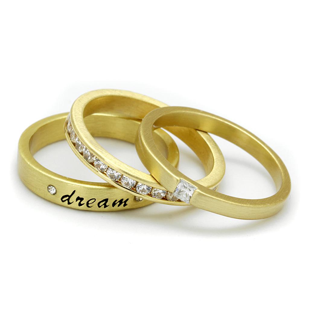 LO4114 Gold Brass Ring featuring a clear AAA Grade CZ stone, showcasing its elegant design and luxurious finish.