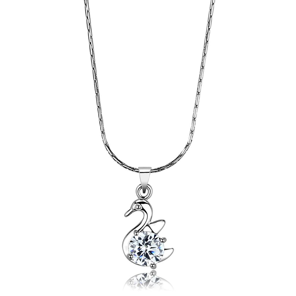 LO4149 Rhodium Brass Chain Pendant featuring a clear AAA Grade CZ stone, showcasing its elegant design and high-quality craftsmanship.