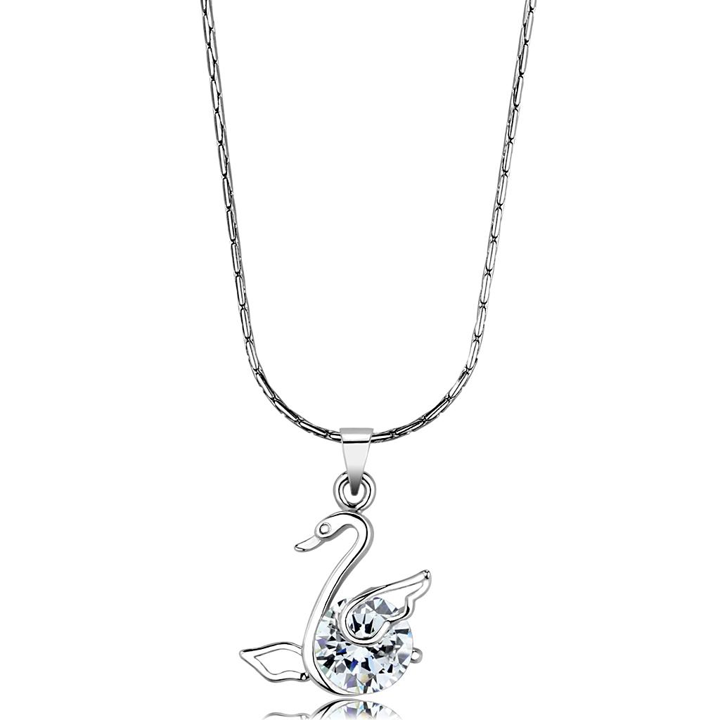 LO4155 Rhodium Brass Chain Pendant featuring a clear AAA Grade CZ stone, elegantly designed for versatile wear.