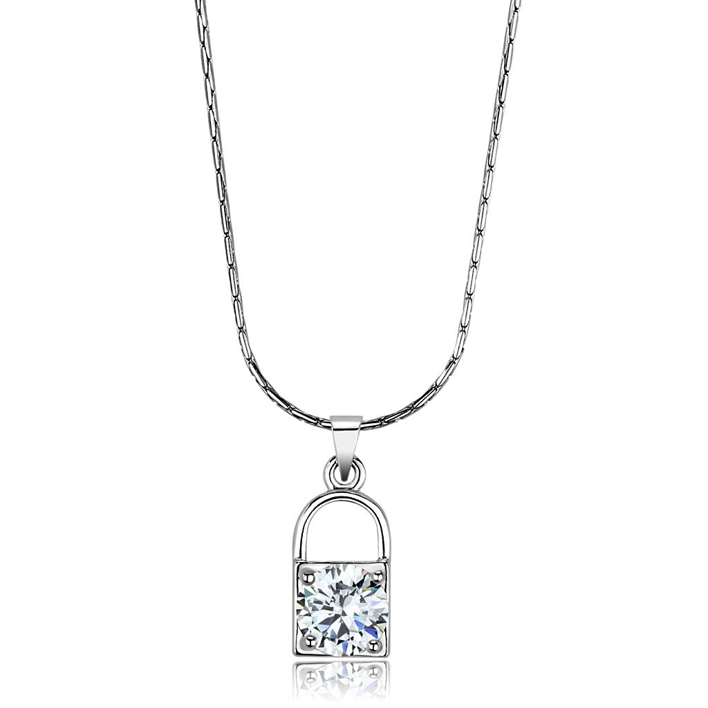 LO4150 Rhodium Brass Chain Pendant featuring a clear AAA Grade CZ stone, showcasing its elegant design and luxurious finish.