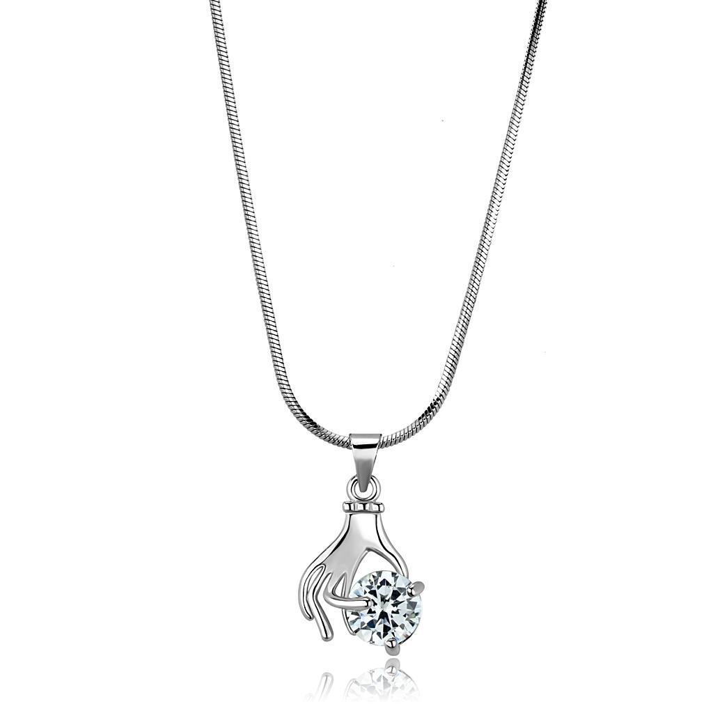 LO4163 Rhodium Brass Chain Pendant featuring a clear AAA Grade CZ stone, elegantly designed for versatile wear.