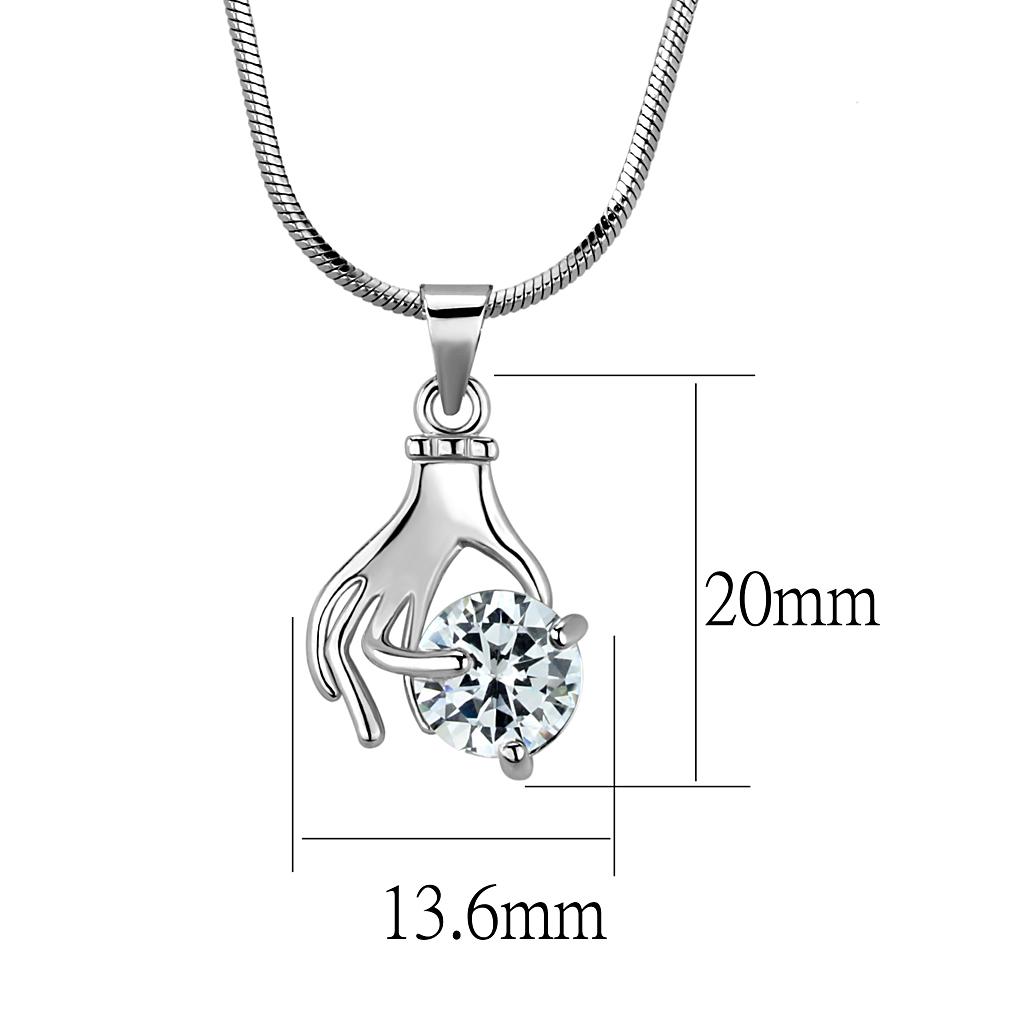 LO4163 Rhodium Brass Chain Pendant featuring a clear AAA Grade CZ stone, elegantly designed for versatile wear.