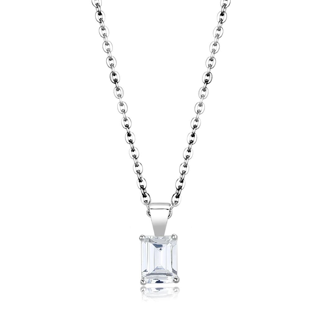 LO4172-16+2 Rhodium Brass Chain Pendant featuring a clear AAA Grade CZ stone, showcasing its elegant design and high-quality craftsmanship.