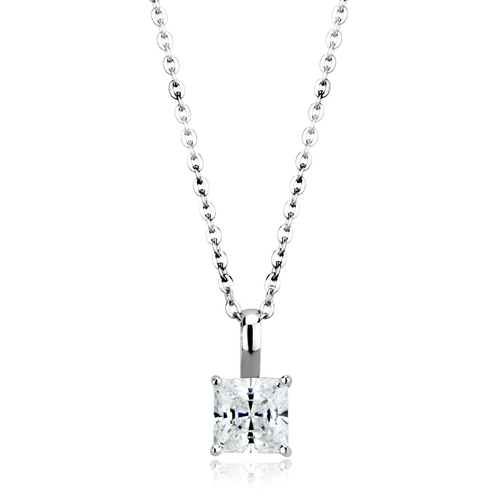 LO4174 Rhodium Brass Chain Pendant featuring a clear AAA Grade CZ stone, elegantly designed for versatile wear.