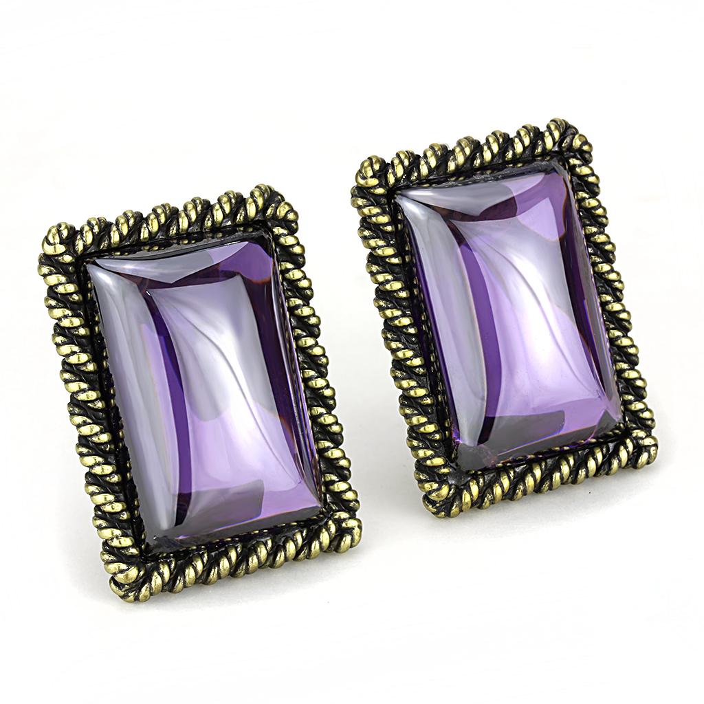 LO4178 Antique Copper Brass Earrings featuring AAA Grade CZ in Amethyst, showcasing vintage elegance and stunning craftsmanship.