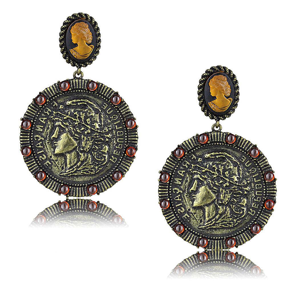 LO4190 Antique Copper Brass Earrings featuring oval smoked quartz stones, showcasing a vintage design.