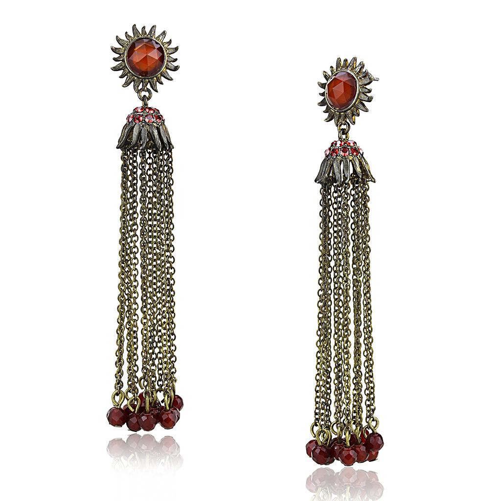 LO4197 Antique Copper Brass Earrings featuring synthetic onyx in garnet color, showcasing intricate design and vintage appeal.