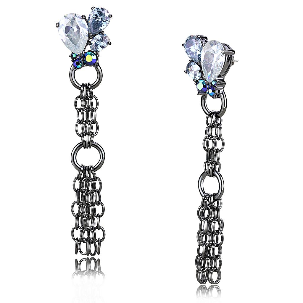 Elegant LO4204 Cobalt Black Brass Earrings featuring AAA Grade Clear CZ stones, showcasing a modern design with a luxurious finish.