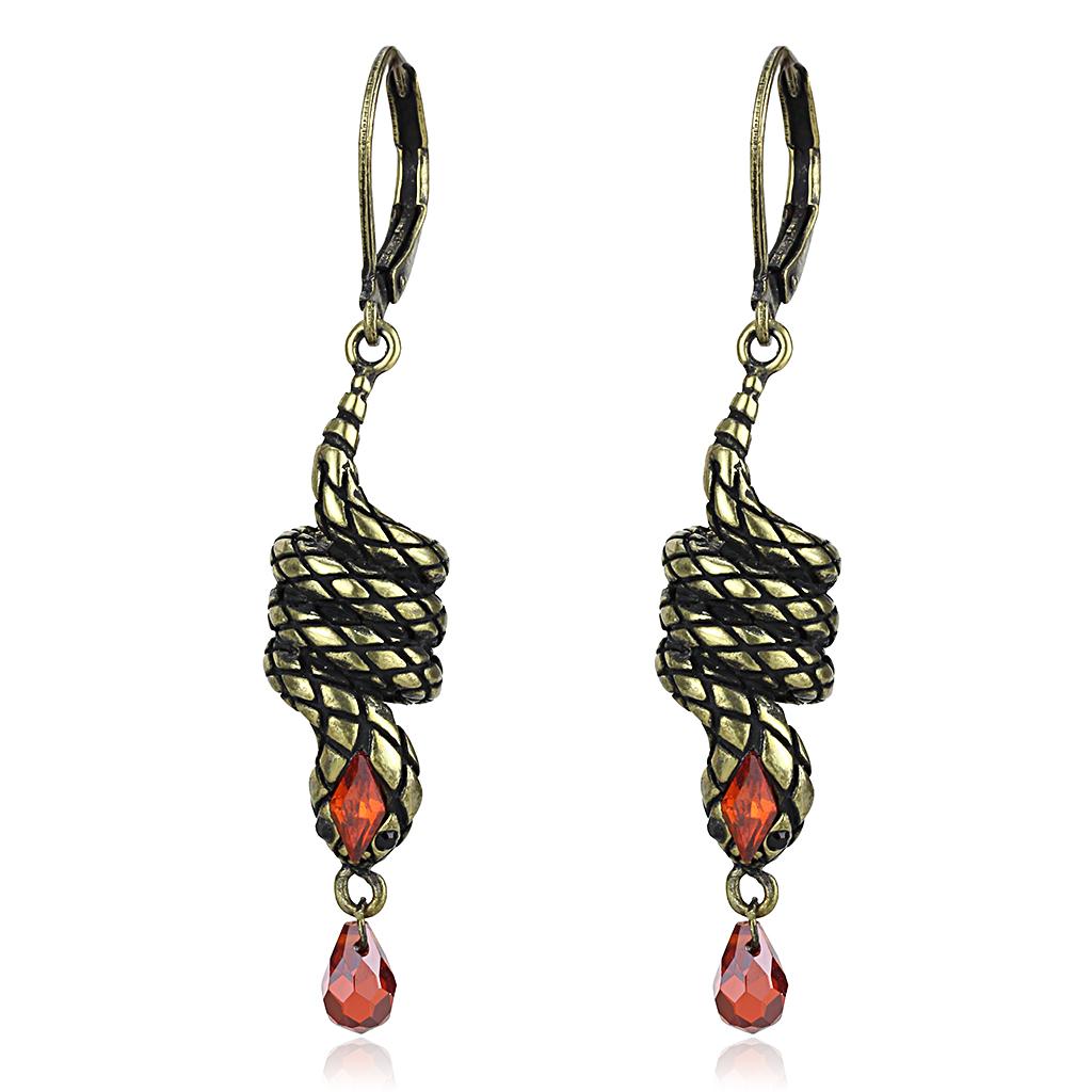 LO4205 Antique Copper Brass Earrings featuring AAA Grade CZ in Garnet, showcasing intricate design and vintage charm.