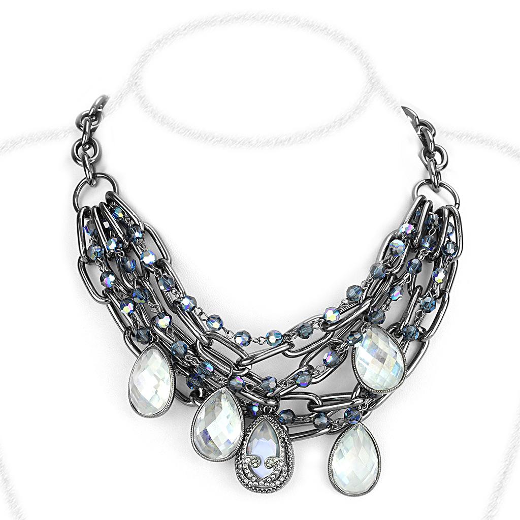 LO4211 TIN Cobalt Black Brass Necklace featuring AAA Grade CZ stone in clear, showcasing its elegant design and modern finish.