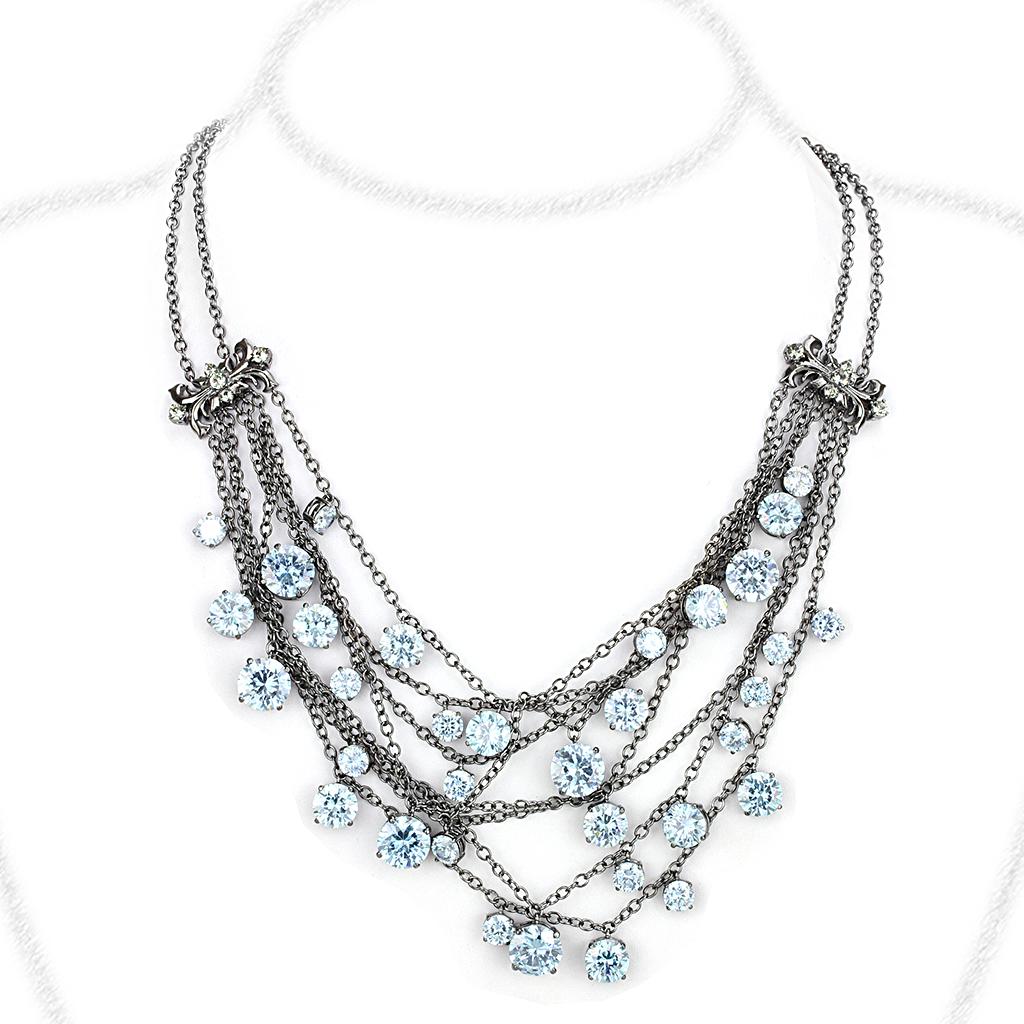 LO4217 TIN Cobalt Black Brass Necklace featuring AAA Grade CZ in clear, showcasing its elegant design and sparkling center stone.