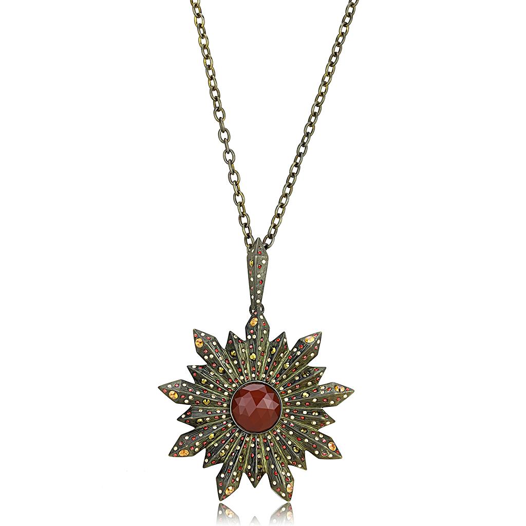 Antique copper brass necklace featuring a synthetic red onyx stone, showcasing intricate craftsmanship and elegant design.