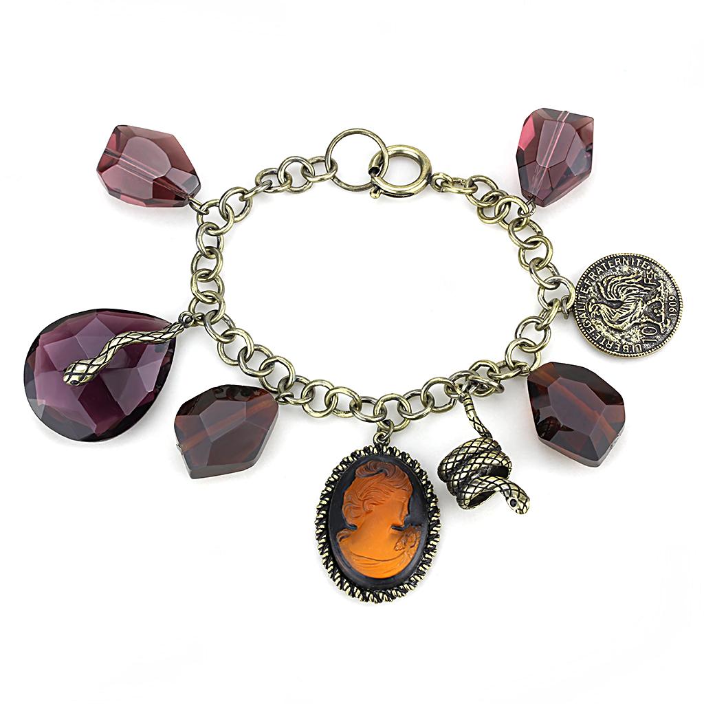 Antique Copper Brass Bracelet featuring a synthetic glass stone in amethyst color, showcasing intricate craftsmanship and vintage appeal.