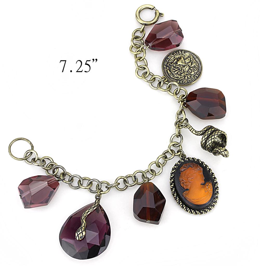 Antique Copper Brass Bracelet featuring a synthetic glass stone in amethyst color, showcasing intricate craftsmanship and vintage appeal.