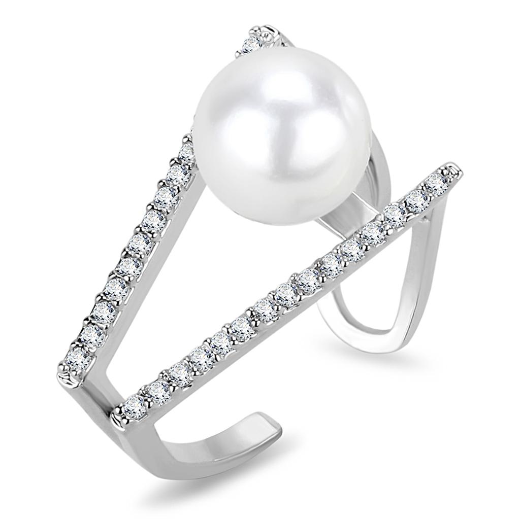 LO4245 Rhodium Brass Ring featuring a synthetic white pearl, showcasing its elegant design and shiny finish.