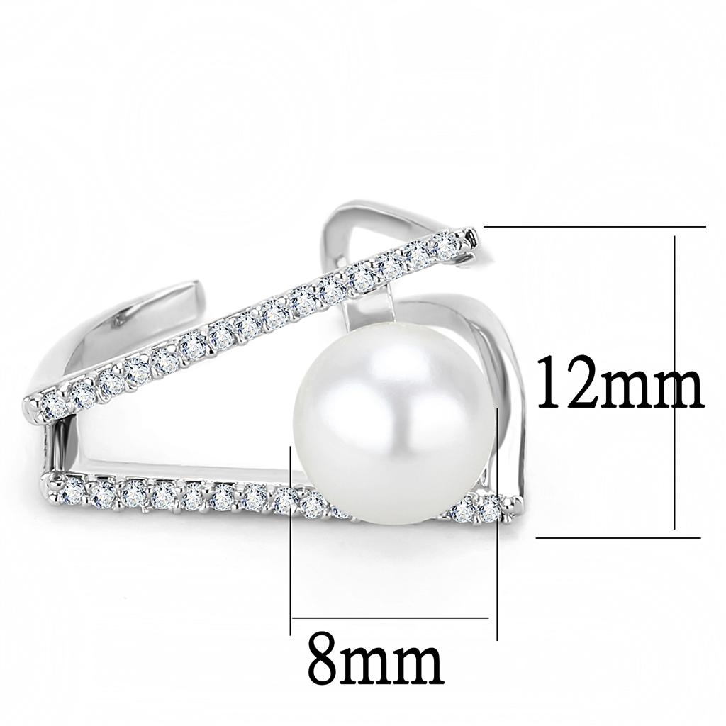 LO4245 Rhodium Brass Ring featuring a synthetic white pearl, showcasing its elegant design and shiny finish.