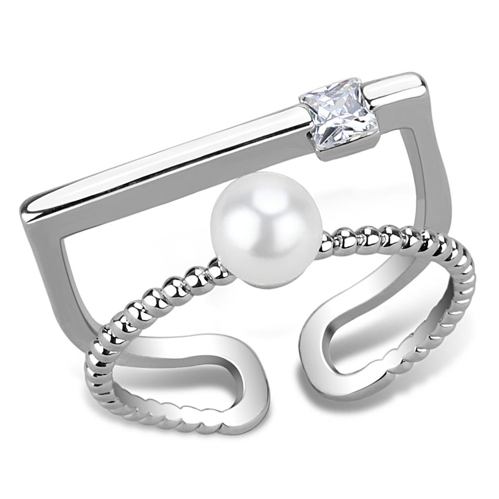 LO4263 Rhodium Brass Ring featuring a synthetic white pearl, showcasing its elegant design and luxurious finish.