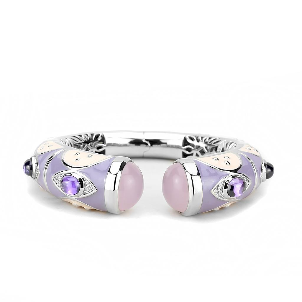 LO4268 Rhodium Brass Bangle featuring a synthetic rose stone, showcasing its elegant design and luxurious finish.