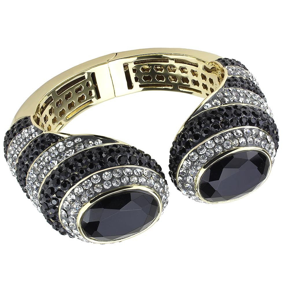 LO4274 Gold Brass Bangle featuring a synthetic jet stone, showcasing an elegant design and luxurious finish.