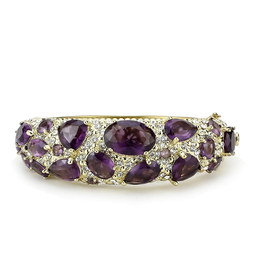 Gold brass bangle featuring a synthetic Amethyst stone, elegantly designed for stylish wear.