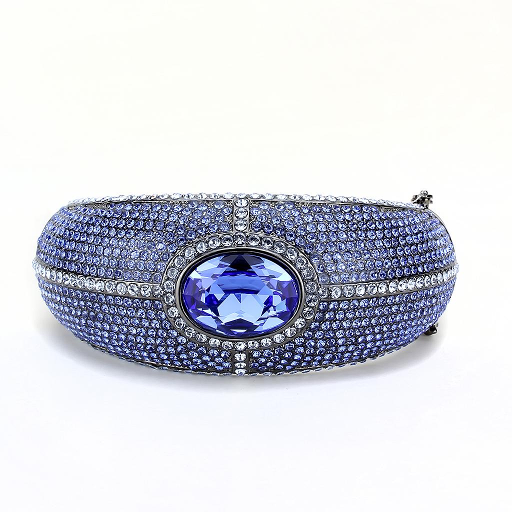 LO4283 TIN Cobalt Black Brass Bangle featuring a sapphire Top Grade Crystal, showcasing its elegant design and craftsmanship.