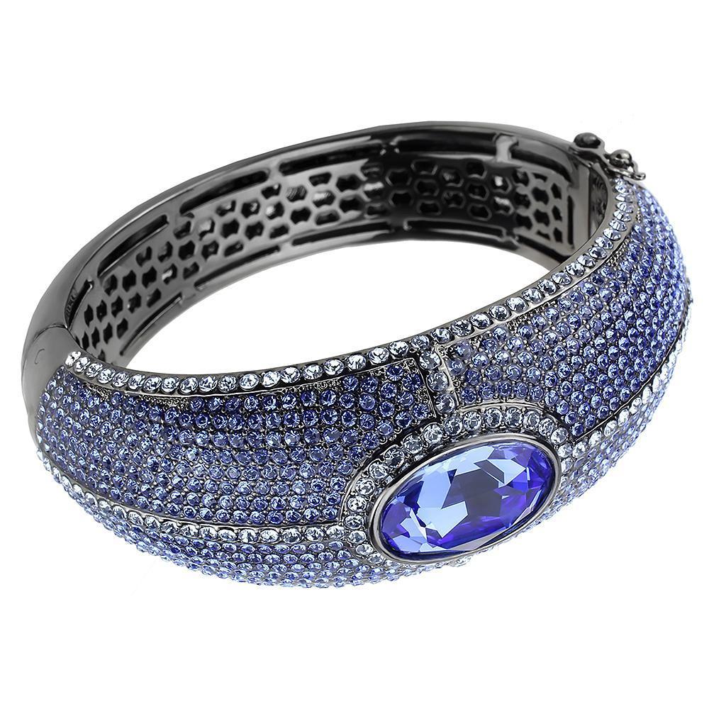 LO4283 TIN Cobalt Black Brass Bangle featuring a sapphire Top Grade Crystal, showcasing its elegant design and craftsmanship.