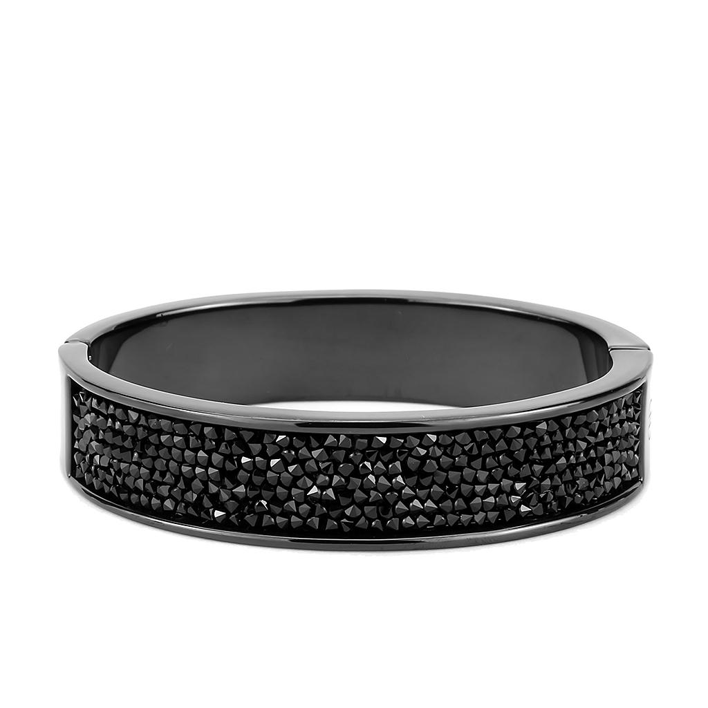 Elegant LO4286 IP Black Brass Bangle featuring a top-grade jet crystal, showcasing a modern design with a sleek finish.