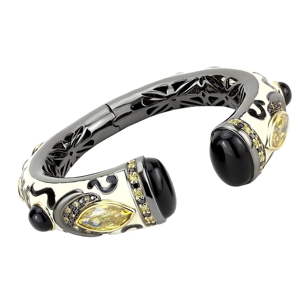 LO4299 Gold and Hematite Brass Bangle featuring a synthetic onyx stone in jet color, showcasing its elegant design and craftsmanship.