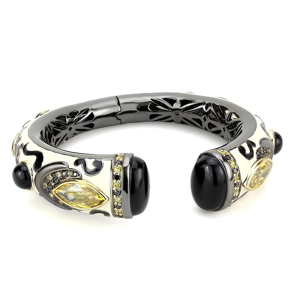 LO4299 Gold and Hematite Brass Bangle featuring a synthetic onyx stone in jet color, showcasing its elegant design and craftsmanship.