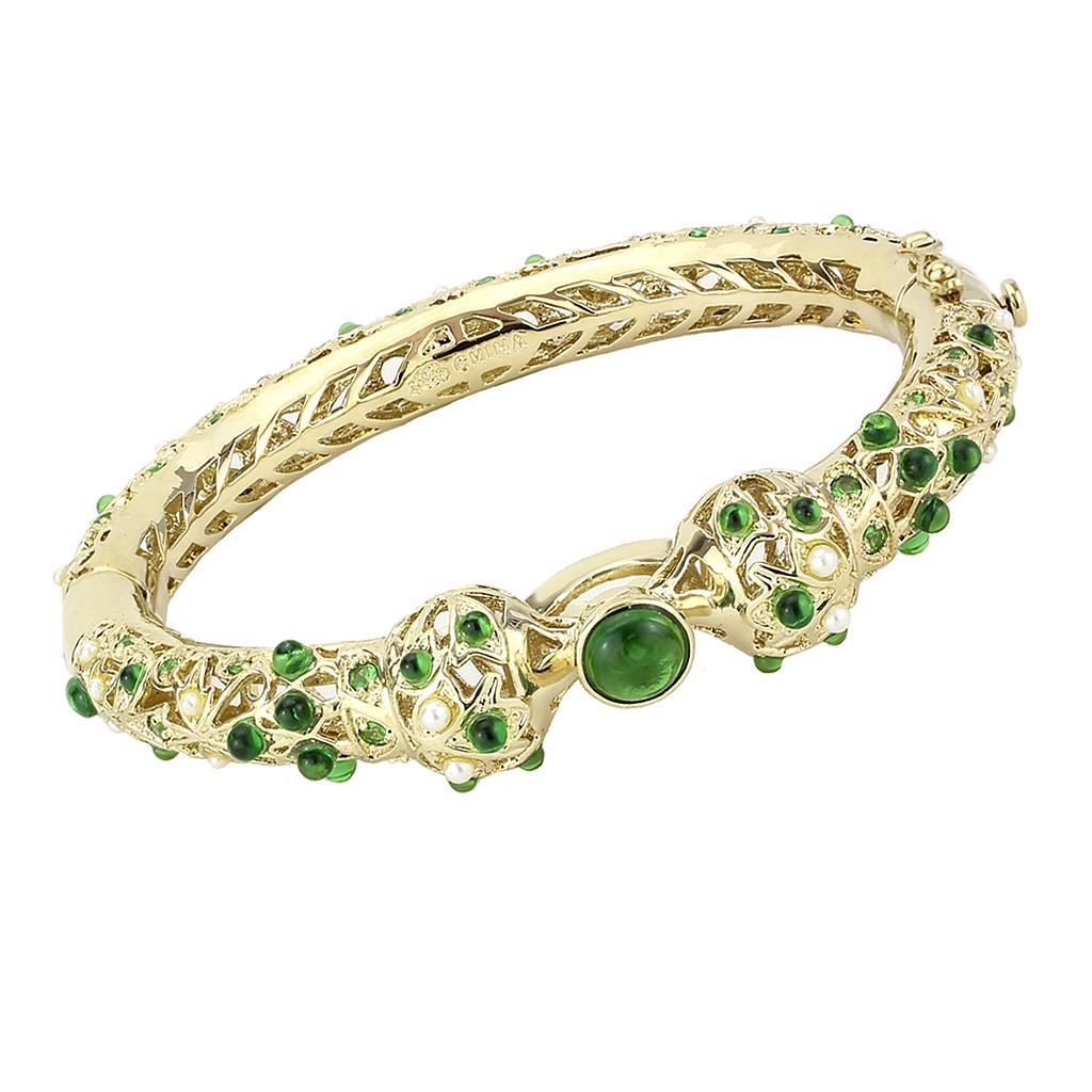 LO4300 Gold Brass Bangle featuring assorted emerald stones, elegantly designed for stylish wear.