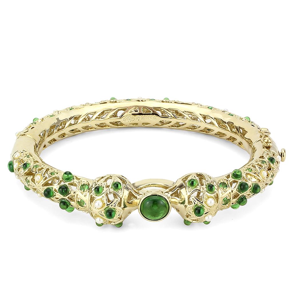 LO4300 Gold Brass Bangle featuring assorted emerald stones, elegantly designed for stylish wear.