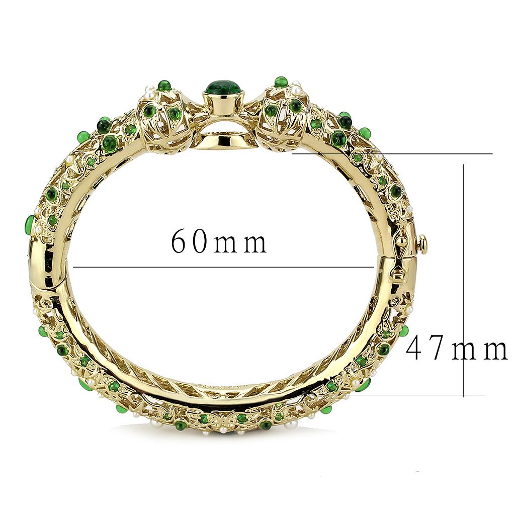 LO4300 Gold Brass Bangle featuring assorted emerald stones, elegantly designed for stylish wear.