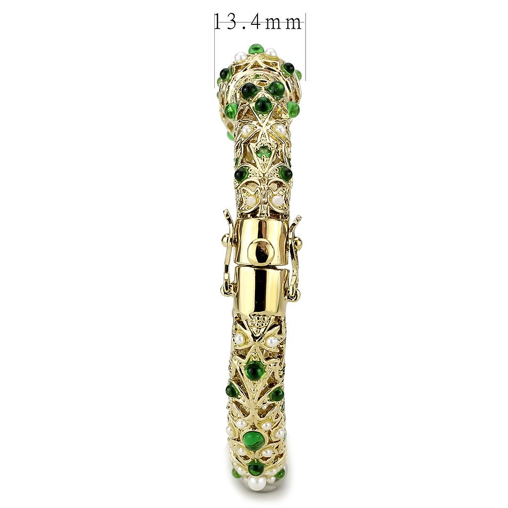 LO4300 Gold Brass Bangle featuring assorted emerald stones, elegantly designed for stylish wear.