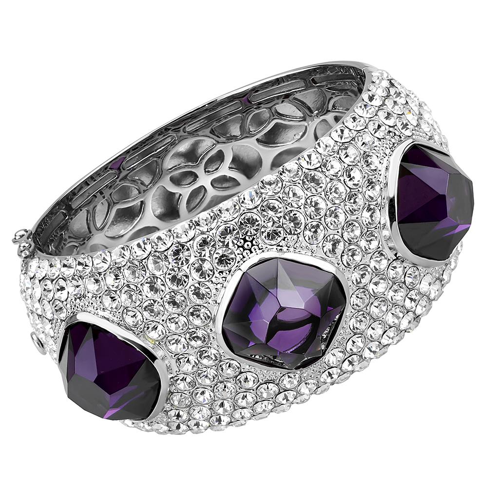 LO4330 Rhodium Brass Bangle featuring AAA Grade CZ in Amethyst, showcasing its elegant design and vibrant color.