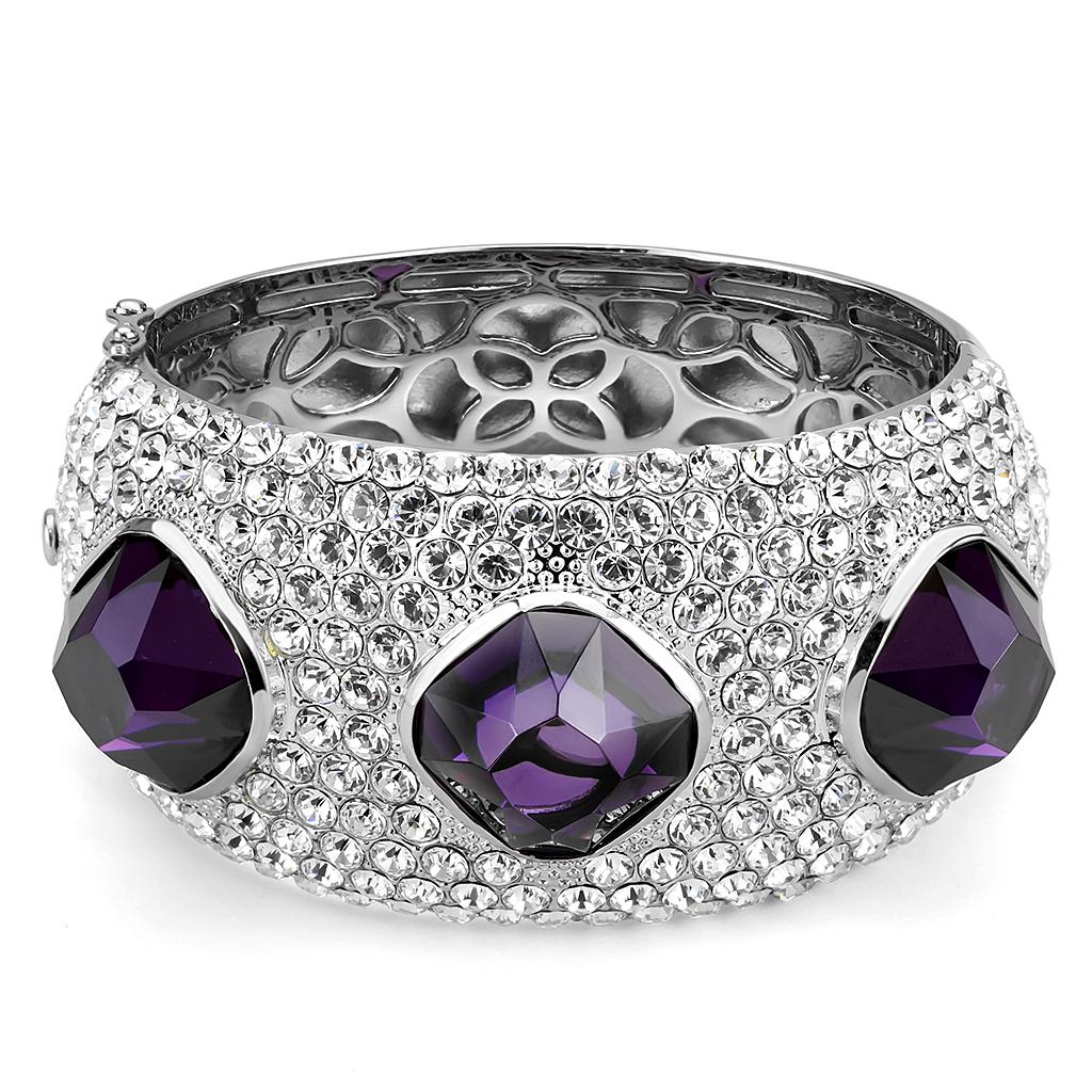 LO4330 Rhodium Brass Bangle featuring AAA Grade CZ in Amethyst, showcasing its elegant design and vibrant color.