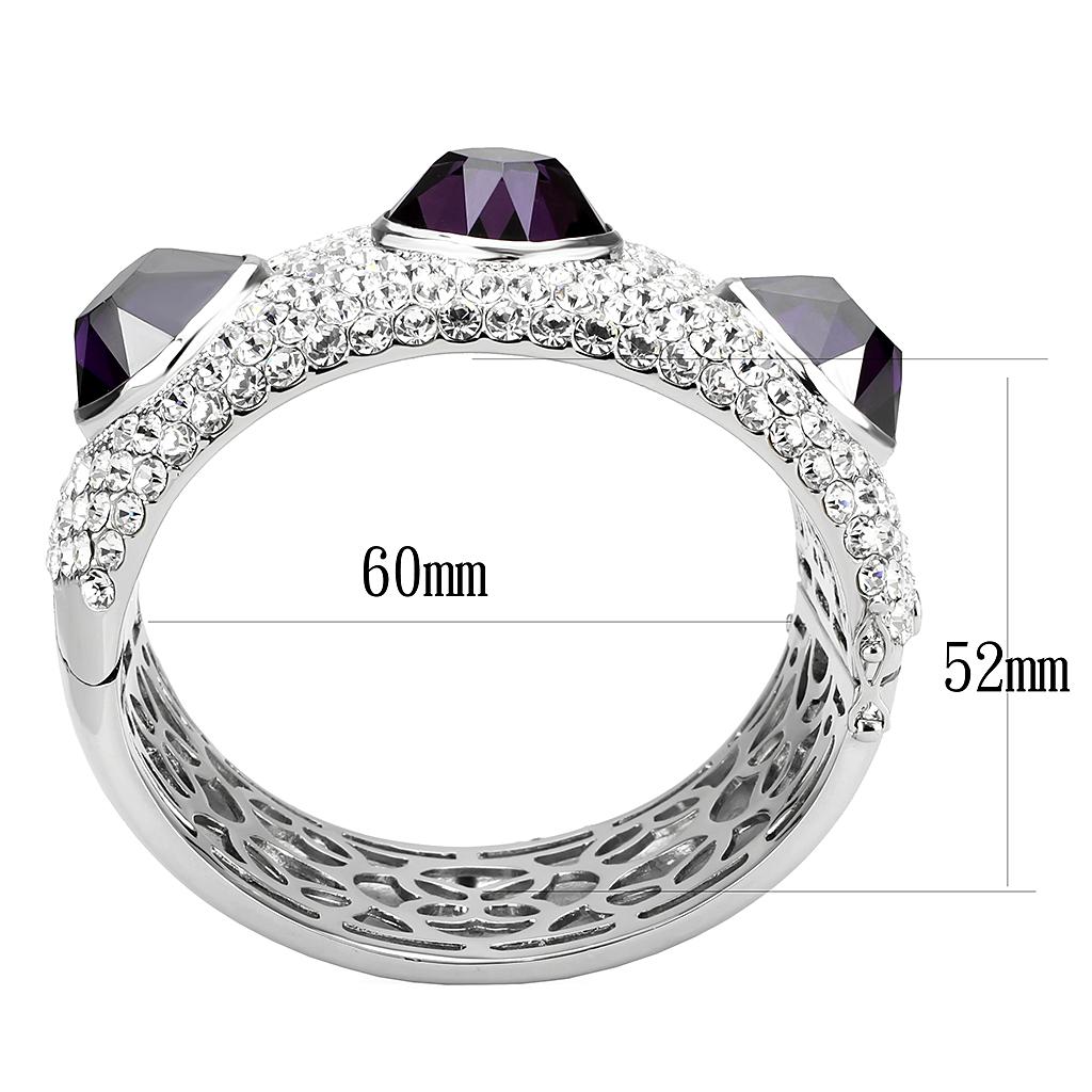 LO4330 Rhodium Brass Bangle featuring AAA Grade CZ in Amethyst, showcasing its elegant design and vibrant color.