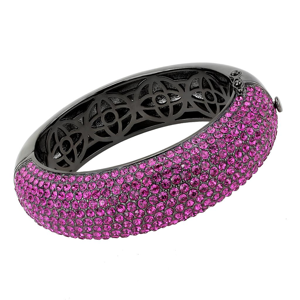 LO4303 TIN Cobalt Black Brass Bangle featuring a vibrant fuchsia top-grade crystal, elegantly designed for stylish wear.