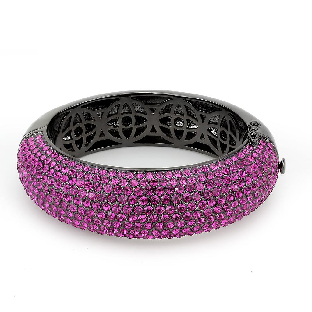 LO4303 TIN Cobalt Black Brass Bangle featuring a vibrant fuchsia top-grade crystal, elegantly designed for stylish wear.