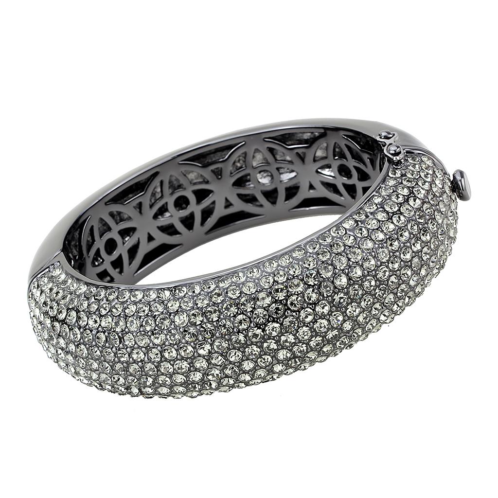 LO4304 TIN Cobalt Black Brass Bangle featuring a Top Grade Crystal center stone in Black Diamond color, elegantly designed for modern fashion.