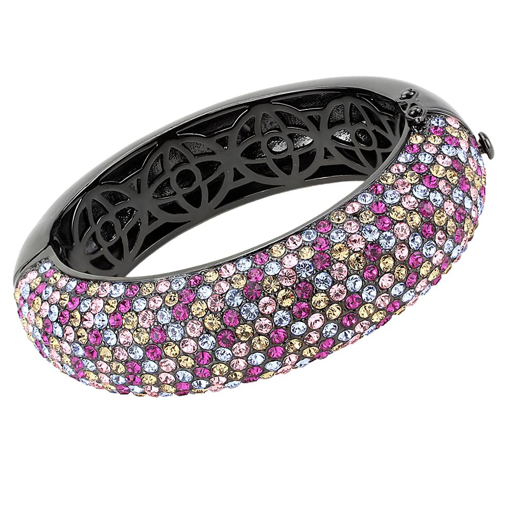 LO4306 TIN Cobalt Black Brass Bangle featuring multi-color top-grade crystals, showcasing its elegant design and modern finish.