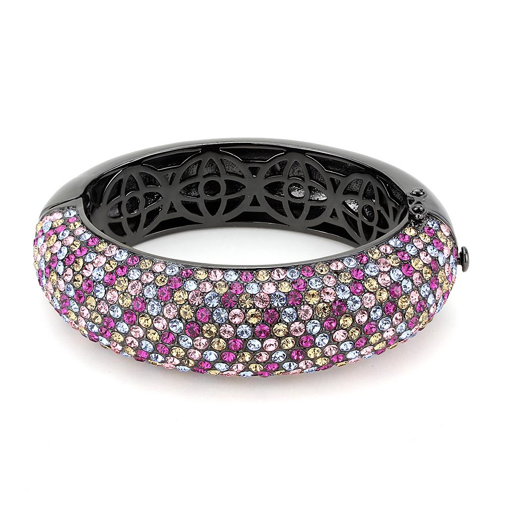 LO4306 TIN Cobalt Black Brass Bangle featuring multi-color top-grade crystals, showcasing its elegant design and modern finish.