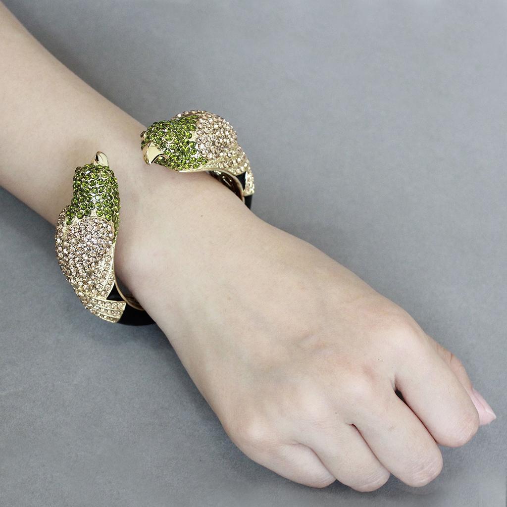 LO4331 Gold Brass Bangle featuring multi-color top grade crystals, elegantly designed for stylish wear.