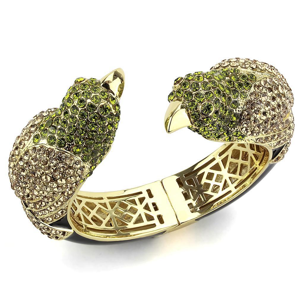 LO4331 Gold Brass Bangle featuring multi-color top grade crystals, elegantly designed for stylish wear.