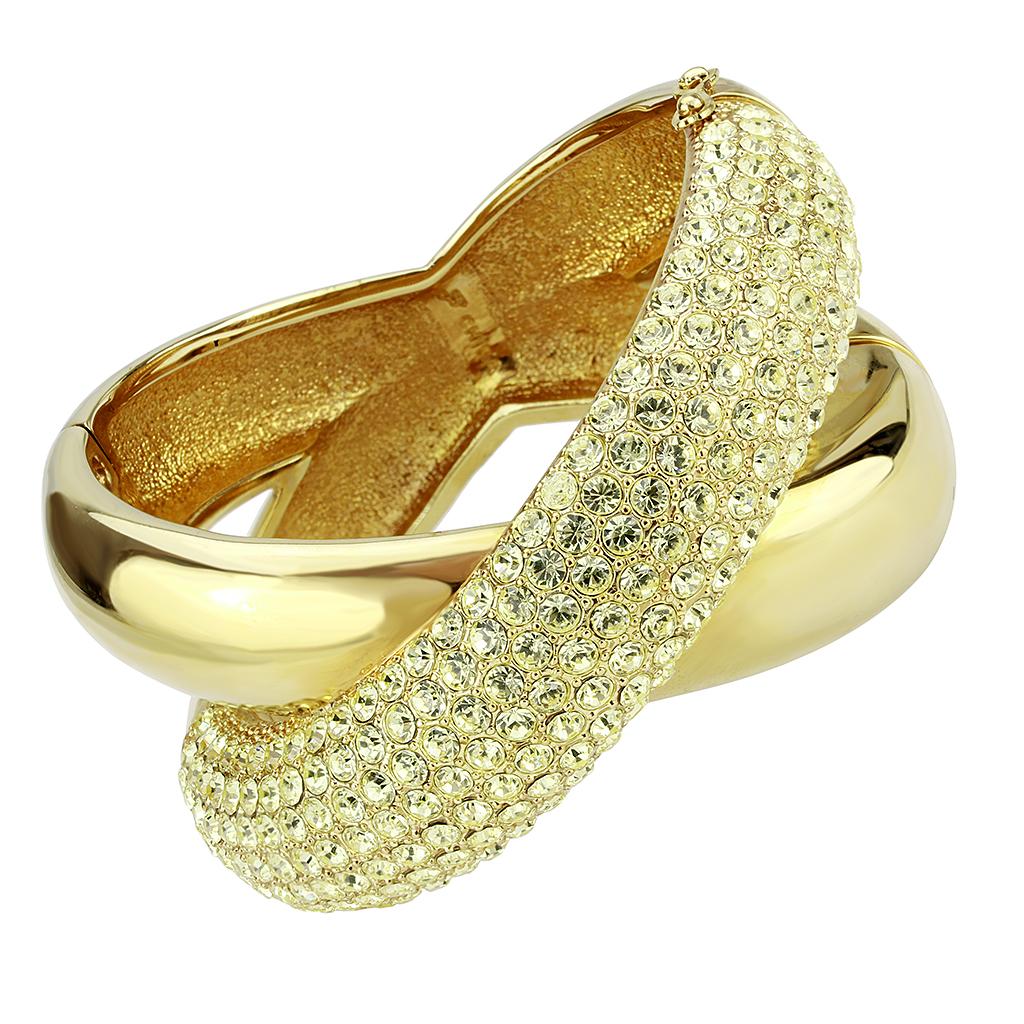 Elegant LO4321 Gold Brass Bangle featuring a vibrant Citrine Yellow top-grade crystal, showcasing its luxurious design.