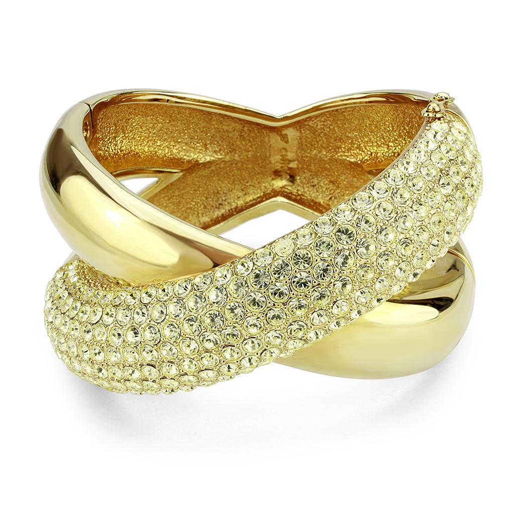 Elegant LO4321 Gold Brass Bangle featuring a vibrant Citrine Yellow top-grade crystal, showcasing its luxurious design.