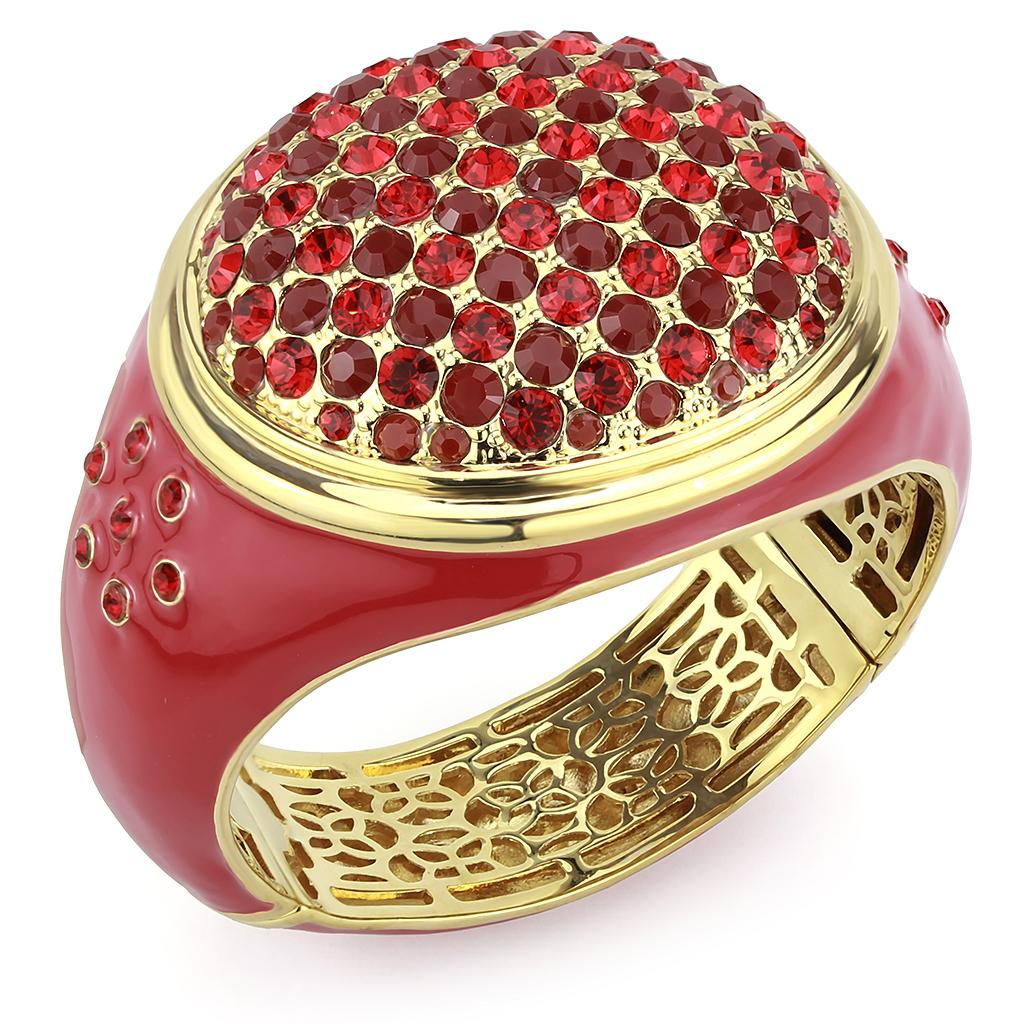 LO4351 Gold Brass Bangle featuring a multi color top grade crystal, elegantly designed for stylish accessorizing.