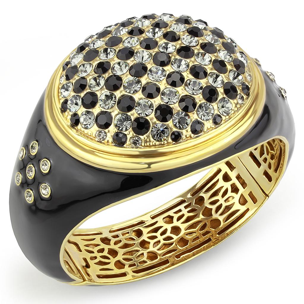 LO4352 Gold Brass Bangle featuring multi-color top-grade crystals, showcasing its elegant design and vibrant colors.